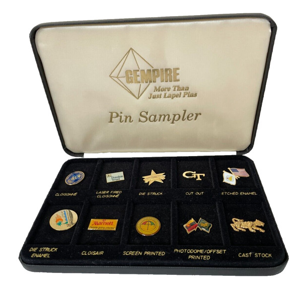 Vtg Gempire Pin Sampler Set of 10 Lapel Style Photodome Enamel Buttons Cloisair